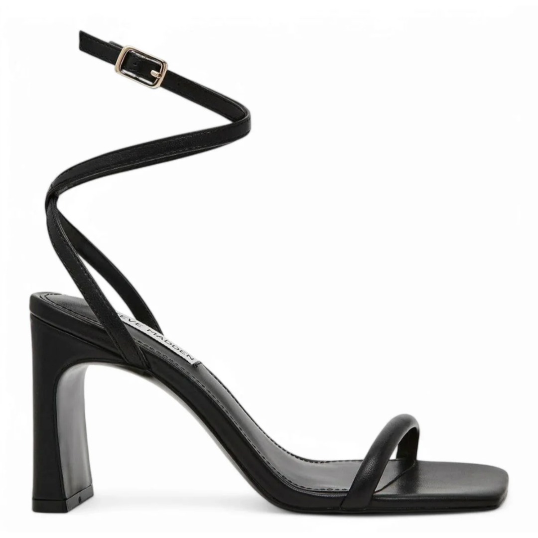 New Steve Madden Sandals 9 Square Toe Eryka Ankle Strap Black Leather Block Heel